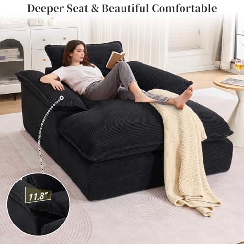 Oversized Chaise Lounge Chair Indoor, 67" Boneless Chaise Lounge with Extra Deep Seat, Comfy Corduroy Upholstered Sleeper Sofa Bed, Cozy Fluffy Single Sofa Armchair for Living Room, Black