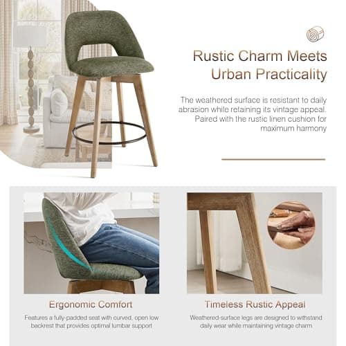 Zesthouse Swivel Farmhouse Bar Stools Set of 4, 26" Modern Counter Stools with Open Back & Natural Wood Legs, Upholstered Linen Fabric Counter Height Barstools, High Chairs for Island Kitchen, Green