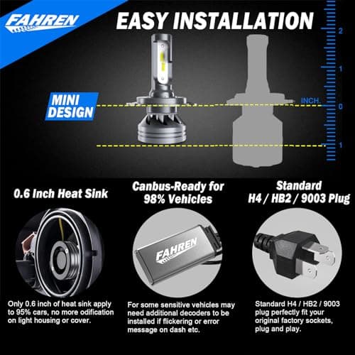 FAHREN H4 Light Bulb, 60000LM 1000% Super Brighter, Real 1:1 Size, 9003/HB2 for High Low Beam, 6500K Cool White, 70000Hrs Long Service Life with Cooling Fan, Plug and Play, Pack of 2
