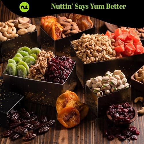 NUT CRAVINGS - Diwali Sweets Hamper Dried Fruit & Mixed Nuts Gift Basket in Black Tower + Ribbon (12 Assortments) Food Arrangement, Healthy Snack Care Package, Food Assortments