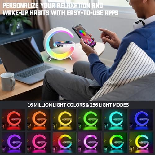 Smart LED Table Bedside Lamp with Bluetooth Speaker & App Control, 15W Fast Wireless Charging Station Dock, Sunrise Alarm Clock, Cool Night Light, for Bedroom, Home Decor, Birthday, Christmas Gifts