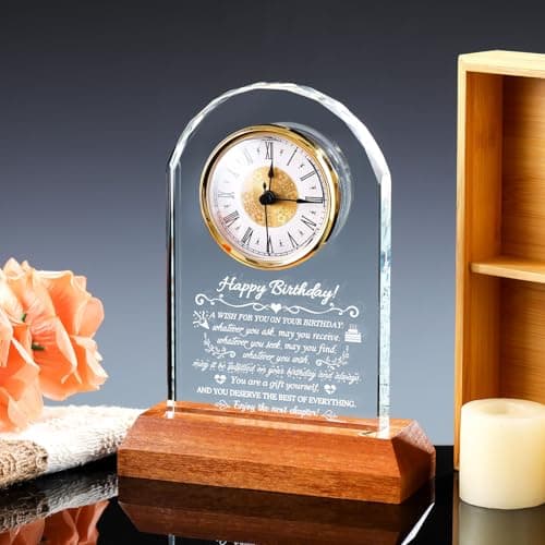 Unique Birthday Keepsake, Wooden LED Light Base, Presents for Daughter Son Mom Dad Granddaughter Friends, Home Office Decor Arikyrist Happy Birthday Gifts for Women Men Glass Quartz Clock for Him Her B0GJ4XSTVF
