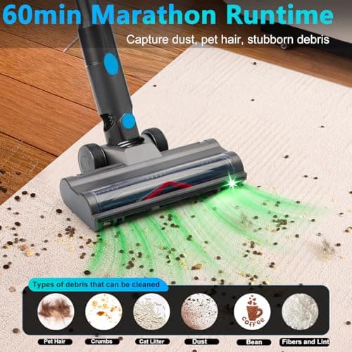 Cordless Vacuum Cleaner, 45kPa 60Min Vacuum Cleaners For Home, Powerful Stick Vacuum Rechargeable With Green Light, Anti tangle Wall Mount, 8 in 1 Lightweight Vacuum For Hardwood Floor Pet Hair Carpet