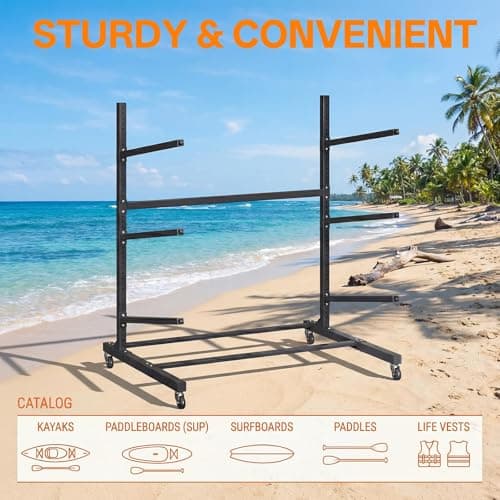 Kayak Storage Rack with Wheel, Adjustable Kayak Racks, Carbon Steel Water Sport Watercraft Storage Rack for Canoes or Surfboards
