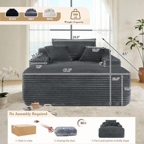 Kurhwyss Oversized Chaise Lounge Chair with Cup Holders and Pockets, Corduroy Single Sleeper Couch with 3 Pillows, Upholstered Boneless Sofa Comfy Reading Chair for Living Room Bedroom (Grey)
