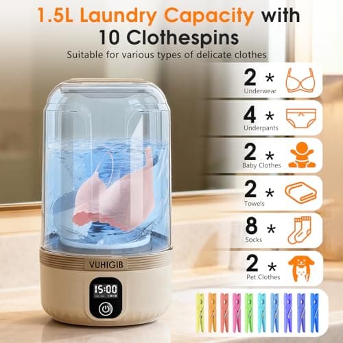 Portable Washing Machine, 7000mAh Rechargeable Wireless Washer with 10 PCS Clothespins Deep Cleans Baby Clothes Underwear Socks Delicates 1.5L Mini Washer for Travel Camping Dorm RV Apartment (Khaki)