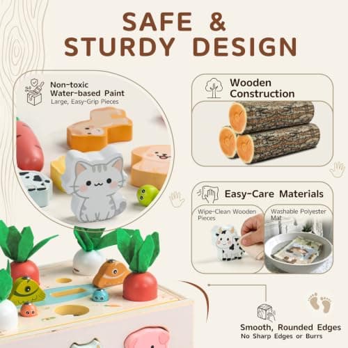 with Fishing Game, Pull-Along Storage Cart, Gears & Play Mat for Fine Motor Play First Birthday Gift for Boys & Girls Ages 1+ Fajiabao Wooden Montessori Toys for 1 Year Old, 7-in-1 Farm Activity Toy B0GL66PD6W