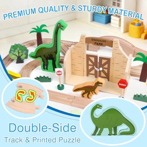 Wooden Train Set, Dinosaur Toys for Kids 3-5, Compatible with Major Brands, STEM Railway Playset, Ideal Wooden Train Track Set for 3 4 5 6 7 8 Year Old Kids Boy Girl