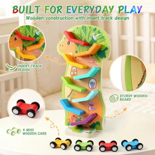 4 Mini Cars, 8 Level Race Track Car Truck, Car Toys for Toddlers 1-3, One 1st Birthday Gift Montessori Toys for 1 2 3 Year Old Boy, Dinosaur Wooden Car Ramp Race Track B0H7H5XWV5