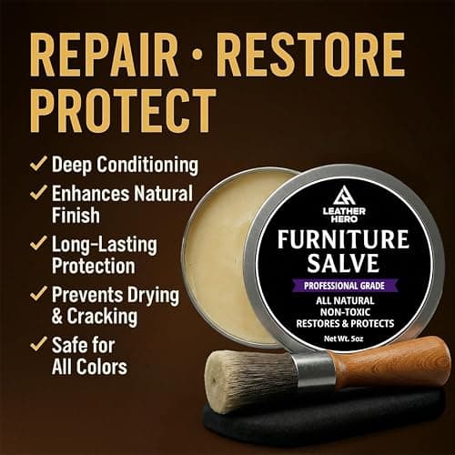 3-in-1 Furniture Salve for Leather & Wood – Polisher, Conditioner, & Restorer for Couches and Furniture- Leather Repair Salve with Brush & Buffing Pad- 5oz