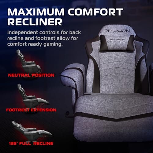 RESPAWN 900 Console Gaming Recliner with Footrest and Lumbar Support - Comfortable Ergonomic Gaming Chair with Headrest, No Wheels, Reclining, Heavy Duty, Racing Style Video Game Chairs - Gray Fabric