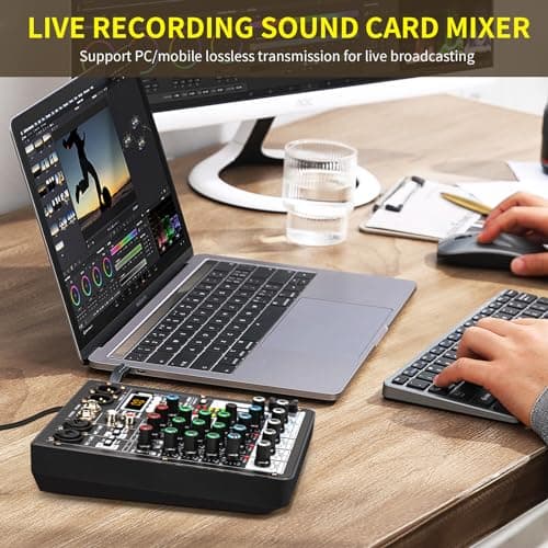 TKLBLS 4 Channel Audio Mixer, Professional DJ Mixer Sound Board Mixing Console with 99-Bit DSP Effect, Bluetooth USB Interface Stereo Mixer Board with 48V Phantom Power For Recording Live Stream