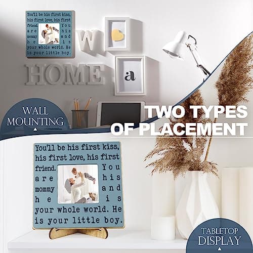 New Mom Gifts for Women, Mothers Day Gifts from Son | Boy Mom Picture Frame, Sentimental Birthday Gift for Mom | Fits 4x4 Photo, Rustic Farmhouse Home & Desk Decor