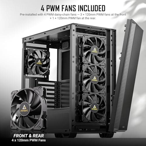 Antec P7 S, 4 x 120mm PWM Fans Included, Dual Side Front Mesh Intake, 360mm Top Radiator Support, Type-C 3.2 Gen 2, Sound-Dampening Side Panels, Mid-Tower ATX PC Case