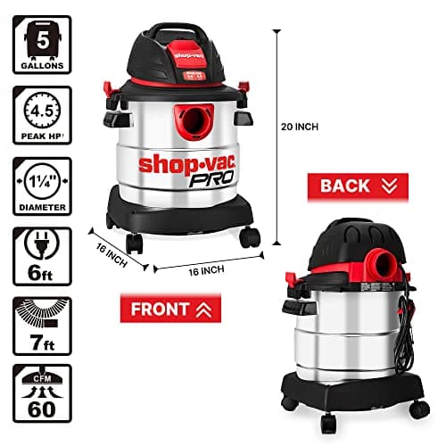 Shop-Vac 5 Gallon 4.5 Peak HP Wet/Dry Vacuum, Stainless Steel Tank, Portable Shop Vacuum with Filter, Hose and Accessories for Garage, Workshop. 5920588
