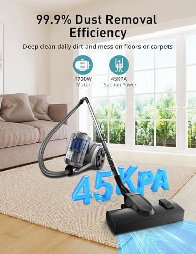 Aspiron 1700W Canister Vacuum Cleaner, 45Kpa Bagless Vacuum Cleaner, Multi-Cyclonic Filtration, 2 Anti-Allergen HEPA Filters, 3.5QT Dust Cup, 4 Tools, Corded Vacuum for Hard Floor, Pet Hair, Violet
