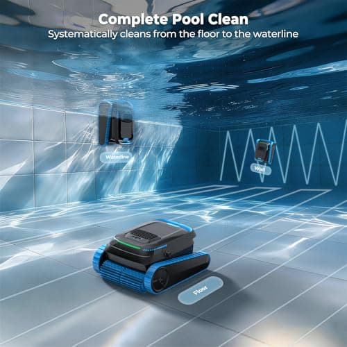 Cordless Robotic Pool Cleaner, 5,000 GPH with 150μm Filter, Floor/Wall/Waterline Cleaning, Smart Zigzag Navigation, 5,200mAh Battery, App-Controlled Presets for Inground & Above Ground Pools