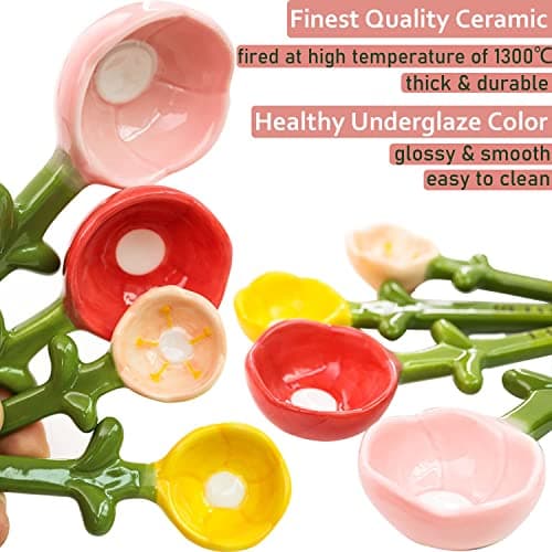 Flower Measuring Spoons Set in Pot Unique Baking Gifts Ceramic Cute Measuring Cups and Spoons with Holder for Dry Wet Ingredients Dishwasher Safe Pink B0BTX9KGZQ