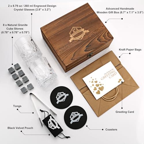 Whiskey Stones Gift Set - Whiskey Glass Set of 2 - Granite Chilling Whiskey Rocks - Scotch Bourbon Box Set -Father's Day Birthday Gifts for Men Drinking Gift for Dad Him Husband Party Holiday Present