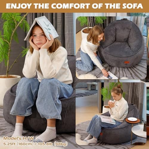 Bean Bag Chair, Cozy Fluffy Beanbag Chairs with Filler for Teens and Kids, Floor Lazy Sofa for Living Room Gaming & Reading (M-Charcoal)