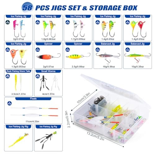 Goture Ice Fishing Rod and Reel Combo with Carry Bag, 24''Medium Spinning Ice Fishing Pole, 58Pcs Jigs & Lures with Storage Box, Line,Fish Gripper, Pliers and Tools for Trout Bass Walleye