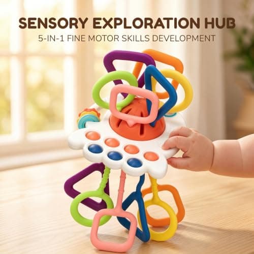 Silicone Teething and Car activities, Baby Shower Gifts for Infant 6-12 Months, 1 Year Old Boy and Girl Montessori Pull String Sensory Toy for Toddlers B0GZ3TLLZM