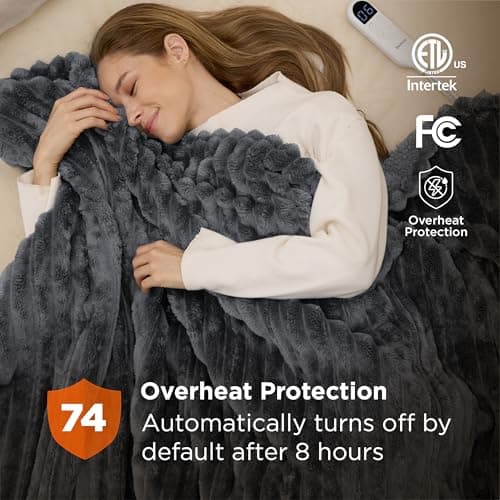 Preheat Function, 6 Heat & 6 Timer (Up to 10H) Settings, 8H Auto Shut Off, ETL & FCC, Gifts for Men Senior, Cozy Room Decor Bedsure Thick Heated Blanket Electric Throw, Fast Heating, Grey 50"x60" B0BZYX45MR