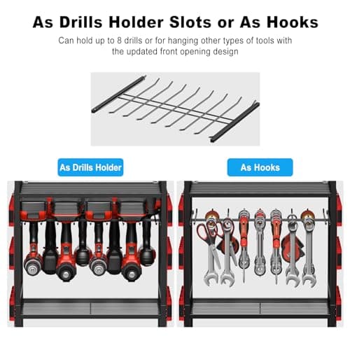 Floor Standing, Large Garage Rolling Storage Cart on Wheels, Heavy Duty Drill Battery Storage Rack, with 8 Outlet Power Strip JUNNUJ Power Tool Organizer Cart with Charging Station, 6 FT Cord, Red B0D1QVKWGH