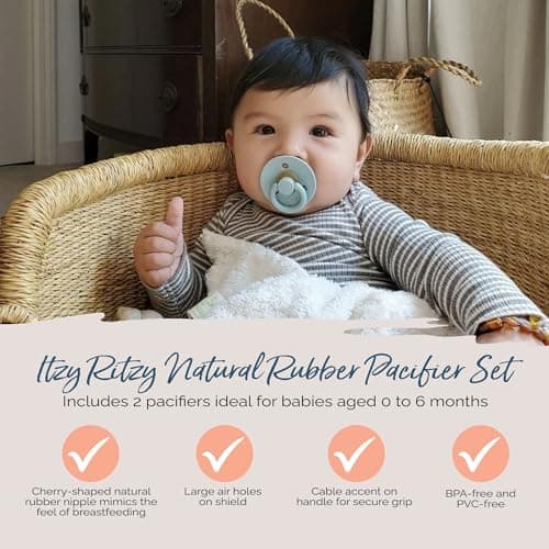 Itzy Ritzy Natural Rubber Newborn Pacifiers (Set of 2) – Baby Pacifiers with Cherry-Shaped Nipple & Large Air Holes for Added Safety; Set of 2 Binkies in Coconut & Toast (Ages 0 – 6 Months)