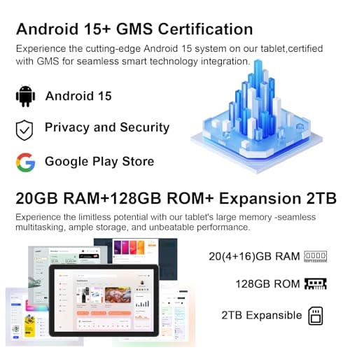 CUPEISI Android 15 Tablet 10 Inch, 20GB RAM+128GB ROM/2TB Expandable, 2.0GHz Quad-core Processor, 1280*800 HD Screen, 5G WiFi6 BT 5.0, 2 in 1 Tablets with Keyboard Case Mouse Stylus, Widevine L1 Black