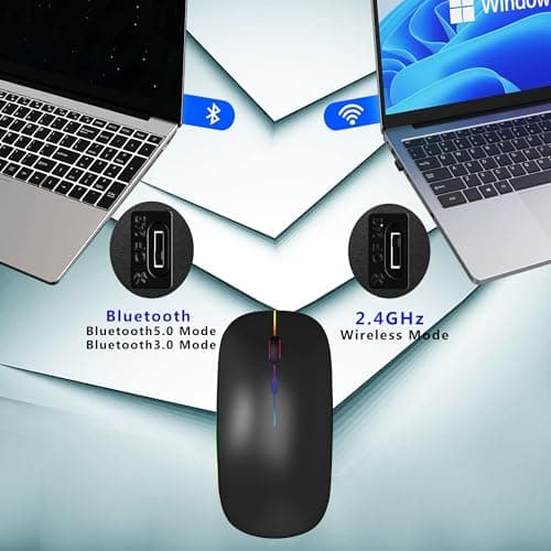 WREANU Wireless Bluetooth Mouse Rechargeable Laptop Mice with LED Lights Silent Slim Use(BT5.2 and 2.4G Portable USB) Dual Mode Computer Mouse for Laptop/iPad/Tablet/Apple/Computer/Mac (Black)