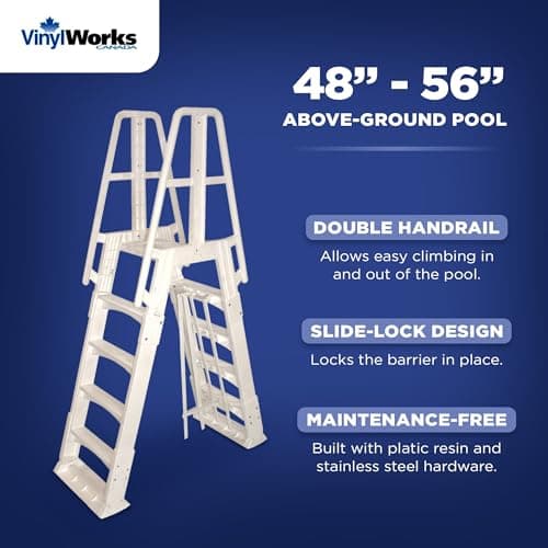 Vinyl Works SLA A-Frame 48 to 56 Inch Adjustable Above Ground Swimming Pool Ladder Entry System with Slide Lock Barrier and Handrails, White