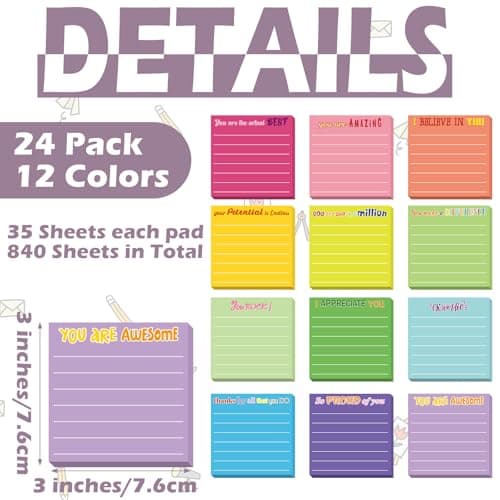 Yinder 24 Pcs Inspirational Sticky Notes with Lines Cute Motivational Sticky Notes Pad Employee Appreciation Gifts Bulk for Teacher Nurse Coworkers Office 3 x 3''(Dark Color,Appreciation)