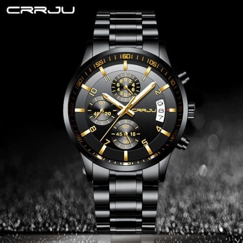 CRRJU Men's Fashion Stainless Steel Watches Date Waterproof Chronograph Wristwatches,Stainsteel Steel Band Waterproof Watch
