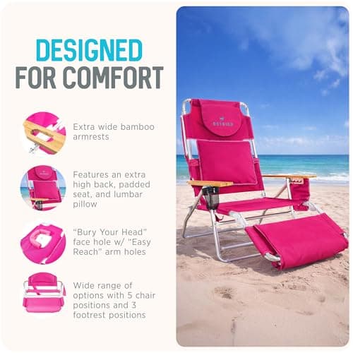 Ostrich the Deluxe 3N1 Lightweight Lawn Beach Reclining Lounge Chair with Footrest, Outdoor Furniture for Patio, Balcony, Backyard, or Porch, Pink
