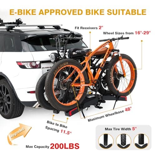 Ebike Rack with Ramp for 2 E-Bikes 200 lbs Capacity Fits 5" Fat Tire, Hitch Bike Rack for Cars SUVs Trucks with 2" Receiver, Foldable Tilting Locking No Assembly Needed E-Bike Platform Carrier