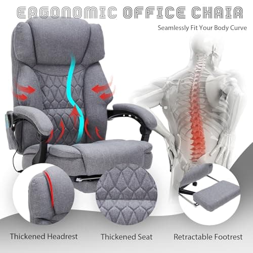 Massage Office Chair with Heat,Reclining Office Chair with Foot Rest,6 Points Vibration Home Desk Chairs for Heavy People 400lbs,Ergonomic Managerial Executive Chair (Grey)