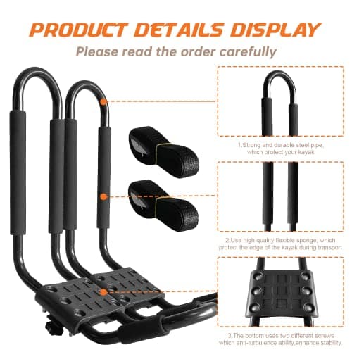 Kayak Roof Rack, 2 Pair J-Bar Roof Rack with 4 Ropes. Heavy Duty Kayak Roof Carrier for Your Canoe SUV and Trucks