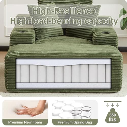 66" Oversized Chaise Lounge Sofa Chair Indoor, Modern Corduroy Single Sleeper Couch Chair with 3 Soft Pillows＆Cup Holder, Boneless Cloud Couch Single Seat Sofa Bed for Living Room Office (Green)