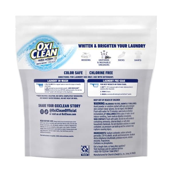 OxiClean Triple Action White Revive Laundry Whitener and Stain Remover Powder, Use with Detergent, Whitens and Brightens Clothes, Removes Tough Stains, Color Safe, Chlorine Free, 4 lbs