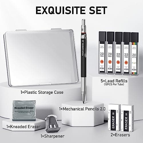 Four Candies 2MM Mechanical Pencil Set with case, Artist Led Pencil Metal Lead Holder with 60PCS Graphite Lead Refill (HB, 2H, 2B, 4B, Color) Kneaded Eraser, Sharpener for Writing, Drawing, Sketching