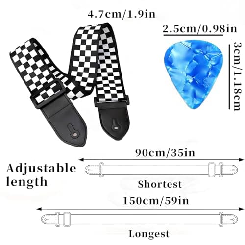 Qivorimith Guitar Strap,Acoustic Electric Guitar With Leather Pick Box and 3 PCS Picks Guitar Accessories,Available for All Guitars(Black White Grid)