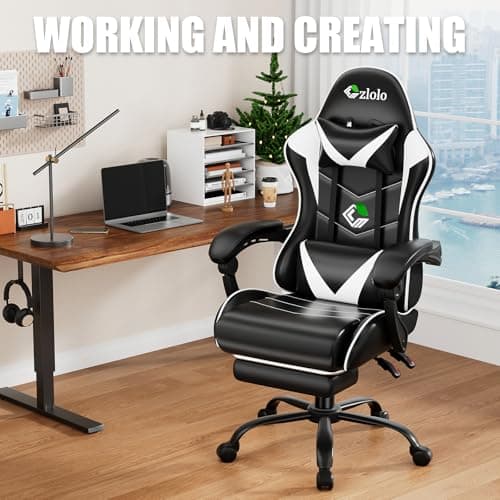 Czlolo Gaming Chair with Footrest Racing Style Lumbar Support Massager Video Game Chair with Metal Legs, High Back Reclining Gamer Chair with Headrest, 360° Swivel Office Computer Desk Chair (White)