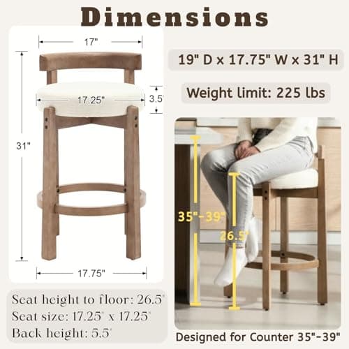 LukeAlon Mid Century Linen Counter Stools Set of 3, Upholstered 26.5" Seat Height Low Barstools with Natural Wood Legs Round Low Back Kitchen Stools with Footrest for Dining Room, Beige