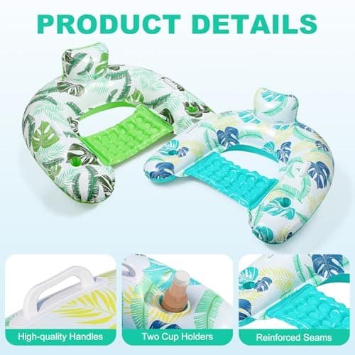 2 Pack Inflatable Pool Float Chair, Floating Pool Chair Adults Pool Lounger Float with Cup Holder & Handles Water Floats for Adults Lake Chair Floats for Swimming Pool River Beach Party
