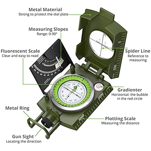 Proster IP65 Compass Hiking Survival - Lensatic Sighting Compass for Camping Navigation, Compass with Clinometer & Carry Bag for Camping Hunting Hiking Geology Activities