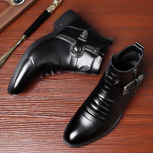 DONRRNDK Men's Leather Embossed Pattern Ankle Boots with Buckle Strap Retro Round Toe Side Zipper Non Slip Block Low Heel Dress Booties for Formal Casual Wear Short Boots
