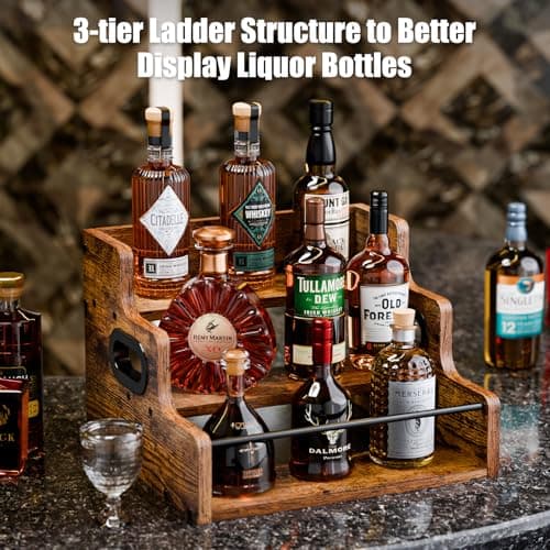 KLM Liquor Bottle Display Shelf, Coffee Syrup Rack Organizer, 3 Step Countertop Liquor Wine Rack, mini bar,liquor cabinet, Home Retro Bar Shelf Stand for Liquor Whiskey, Spirits B0D8TFHH3F