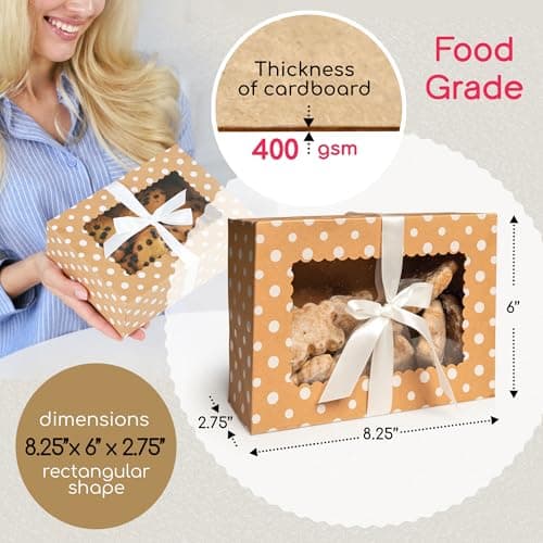 Brown Kraft Cookie Boxes with Ribbons & Window (20 Pack) 8.3 x 6 x 2.8” Food Grade Cardboard Bakery Gift Boxes for Christmas Gift Giving, Baked Goods, Candy Treats, Decorative Holiday Packaging, Empty