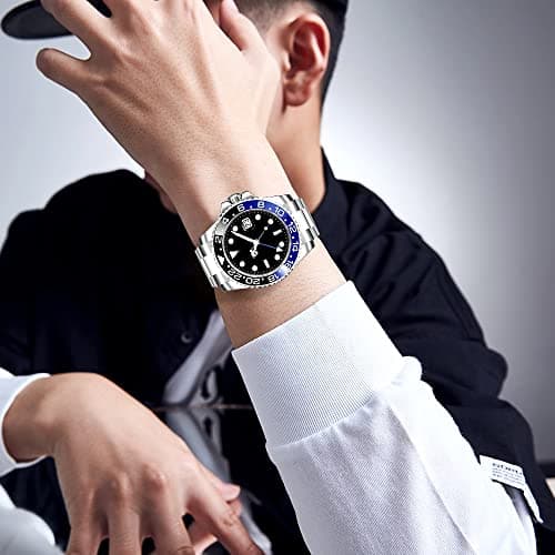 FANMIS GMT Master Sapphire Glass Blue and Black Ceramic Bezel Men's Silver Automatic Watch